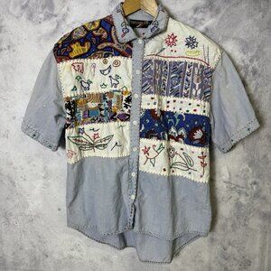 Vintage Thums Up Hand Embroidered Button Up Womens Medium Blue Patch Work